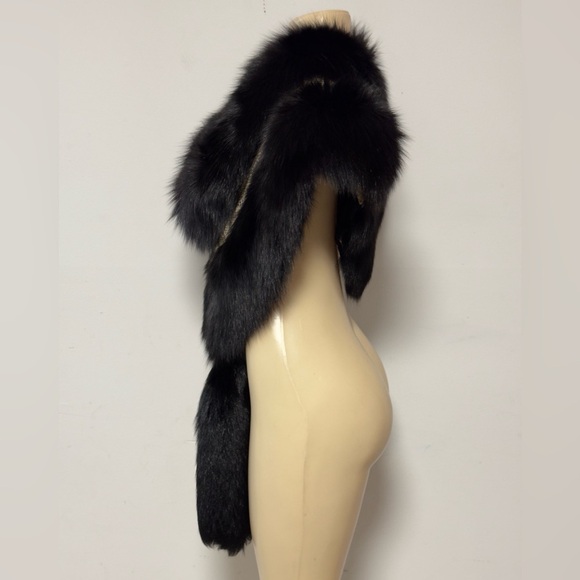 Vintage Black Mink Arctic Fox Fur Shawl Oversized Gold Trim Adjustable Stole - Picture 6 of 16